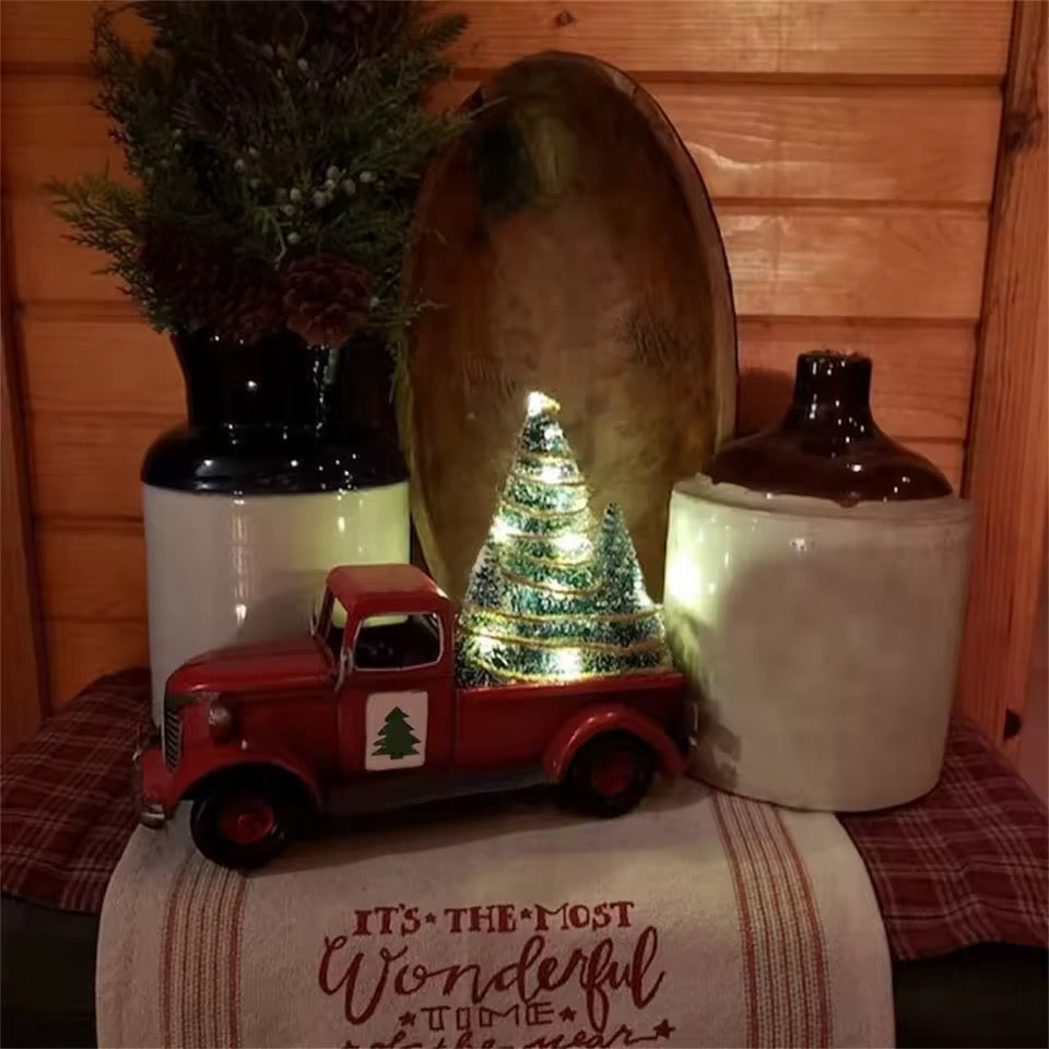 Vintage Red Truck with Christmas Tree – Holiday LED Table Decor