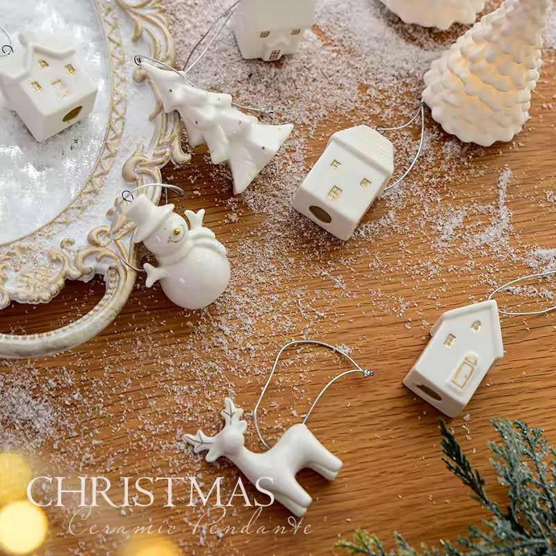 Ceramic Christmas Ornament Set – Deer, Tree & House
