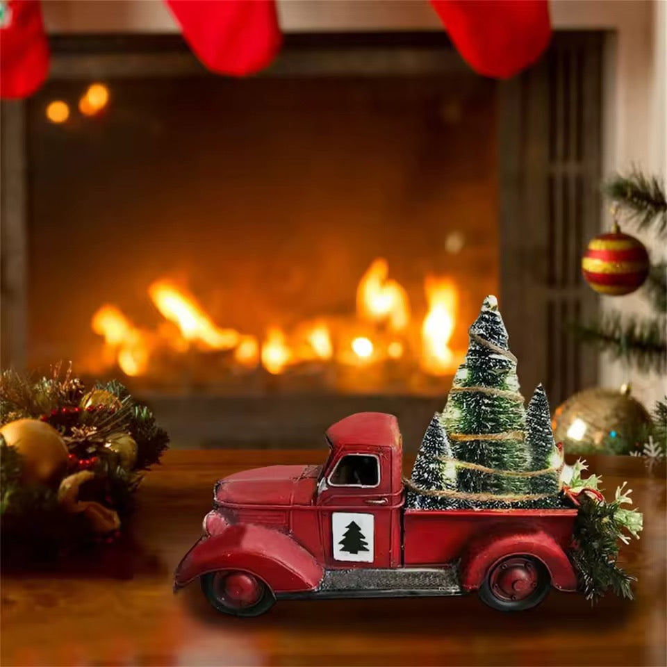 Vintage Red Truck with Christmas Tree – Holiday LED Table Decor